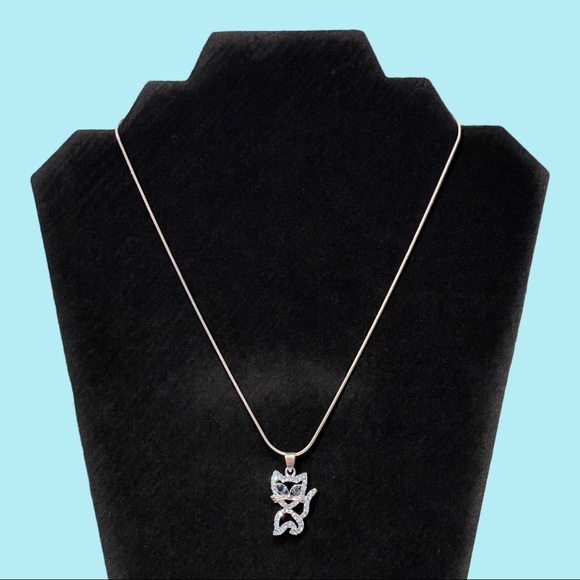 Vintage Rhinestone Cat Necklace Light Blue with Silver Tone Chain - Picture 1 of 3